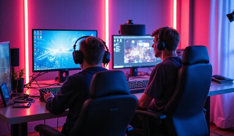 Two gamers immersed in a competitive gaming session on a futuristic setup, with vibrant neon lights and advanced gaming gear.