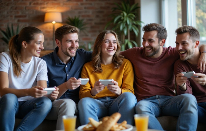 A group of friends laughing and playing a co-op game together
