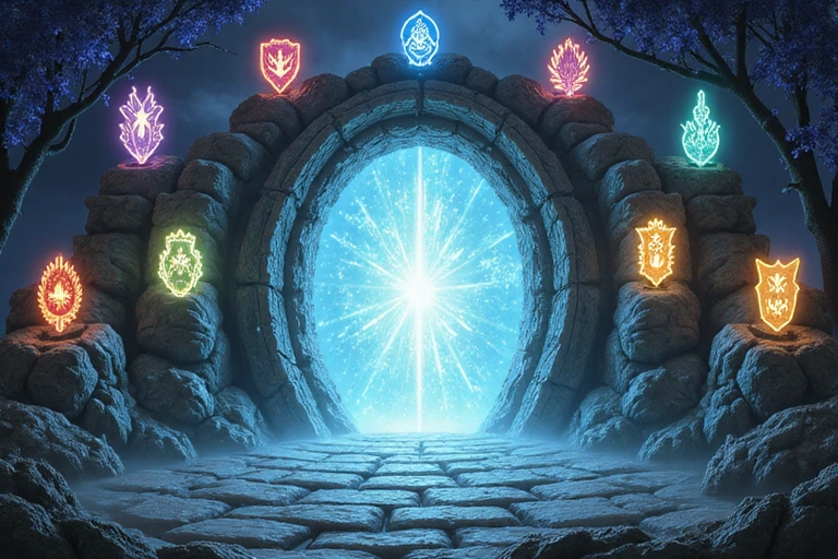 A glowing portal surrounded by various guild emblems, inviting players
