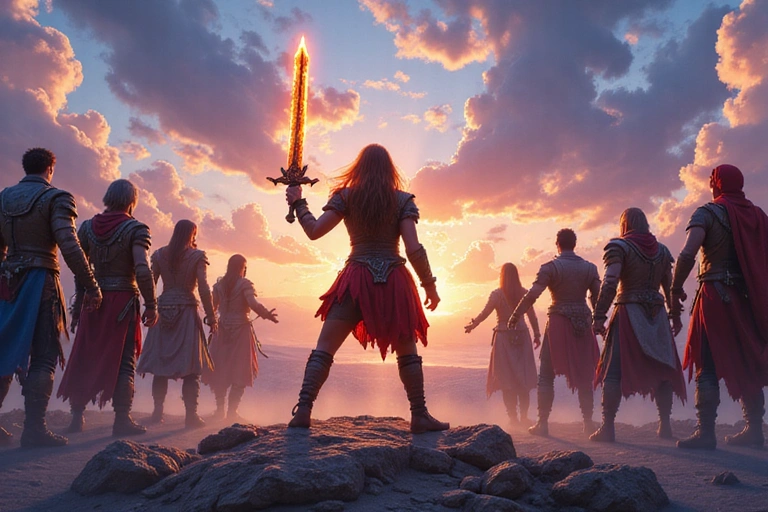 A fantasy guild leader rallying diverse members in a digital world