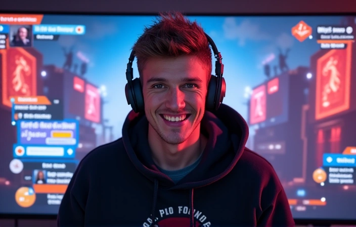 A streamer interacting with chat, vibrant streaming interface