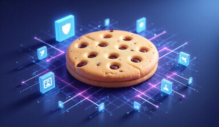 Illustration of a cookie icon with digital elements representing data and privacy