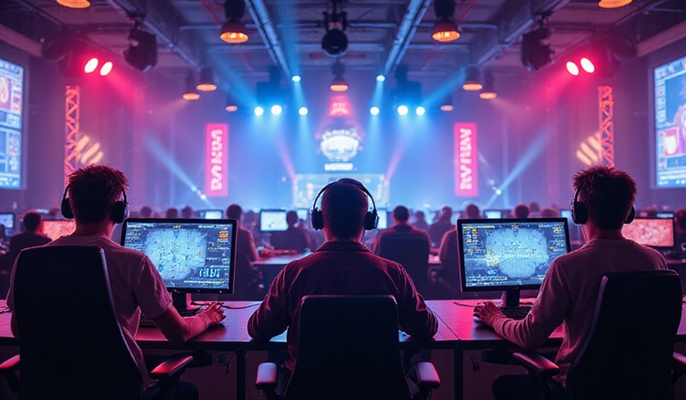 A vibrant esports leaderboard screen displaying top player names, rankings, and game statistics, with a crowd cheering in the background.