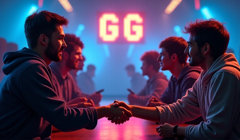 A diverse group of gamers shaking hands in a spirit of sportsmanship after a competitive PVP match, with a digital scoreboard in the background showing 'GG'.