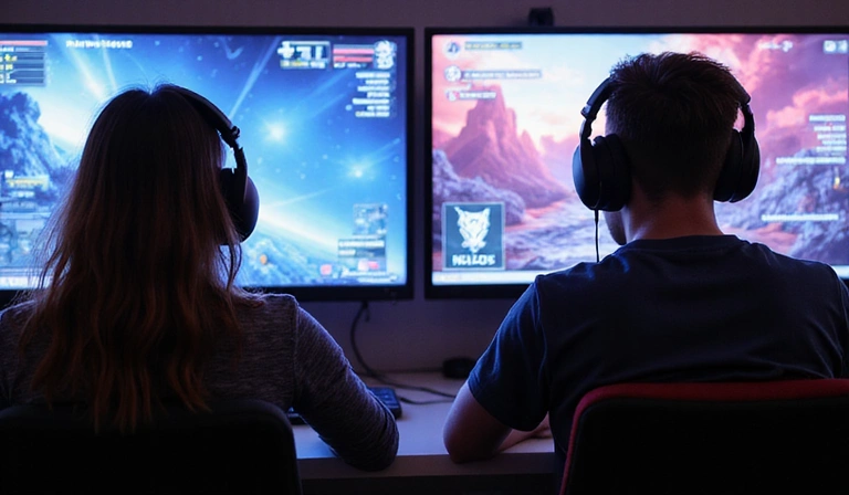 Two gamers intensely focused on their screens, participating in an online PVP match with futuristic interfaces and vibrant game graphics visible.